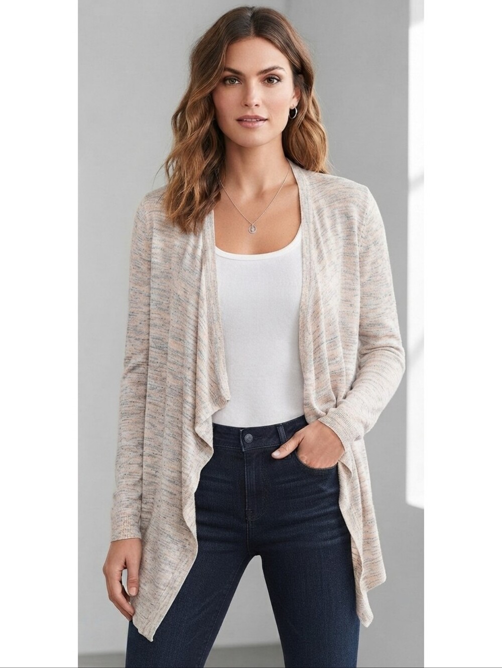 Loft Linen Blend Open front Waterfall Cardigan sweater White Multicolor Size M